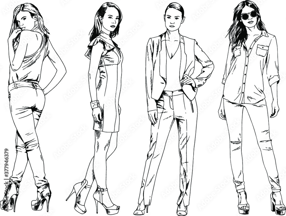 vector drawings on the theme of beautiful slim sporty girl in casual clothes in various poses painted ink hand sketch with no background