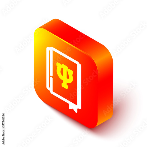 Isometric line Psychology book icon isolated on white background. Psi symbol. Mental health concept, psychoanalysis analysis and psychotherapy. Orange square button. Vector.