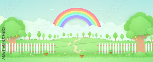 Spring Time, landscape, trees on the hill, rainbow in the sky, garden with plant pots, flowers on grass and fence, bird on the branch, paper art style