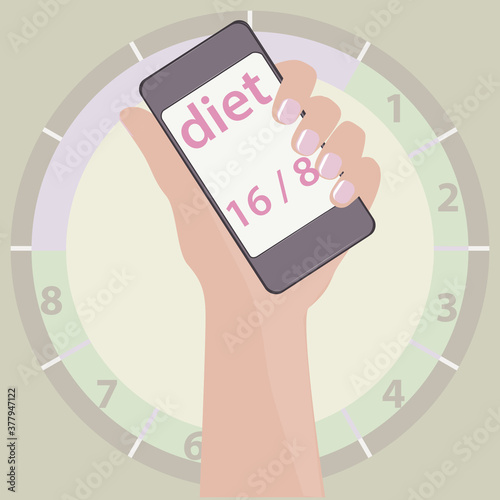Diet Intermittent fasting - smartphone in female hand, clock at 16 and 8 - - vector.