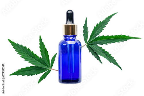Hemp oil serum in blue glass dropper bottle with cannabis leaves isolated on white background. Cannabis leaf with skincare cosmetic product