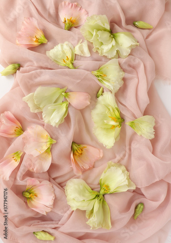 EUSTOMA FLOWER HEADS ON PINK BACKGROUND. FLORAL FASHION PATTERN, TENDER PASTEL FLOWER COMPOSITION, PINK AND GREEN FRESH PLANT