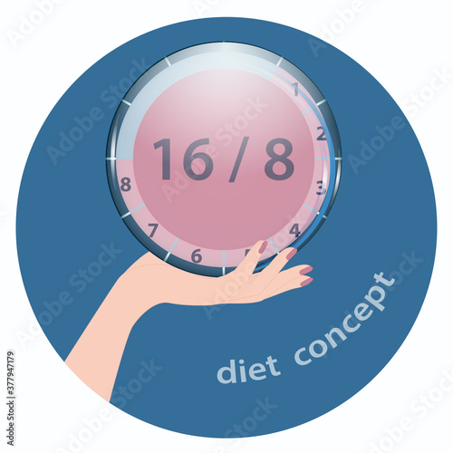 Diet Intermittent fasting - na16 and 8 hours, a female hand - isolated on white background - vector.