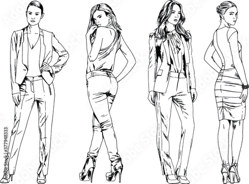 vector drawings on the theme of beautiful slim sporty girl in casual clothes in various poses painted ink hand sketch with no background © evgo1977