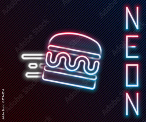 Glowing neon line Online ordering and burger delivery icon isolated on black background. Colorful outline concept. Vector.