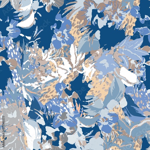 Cute pattern in a small flower. Little colorful flowers. Colorful and bright summer silhouette. Abstract seamless pattern with leaves and flowers. Background with floral vector for modern style.