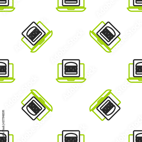 Line Online ordering and burger delivery icon isolated seamless pattern on white background. Vector.