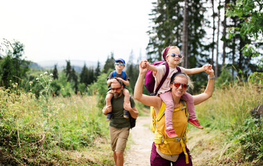 Family with small children hiking outdoors in summer nature.