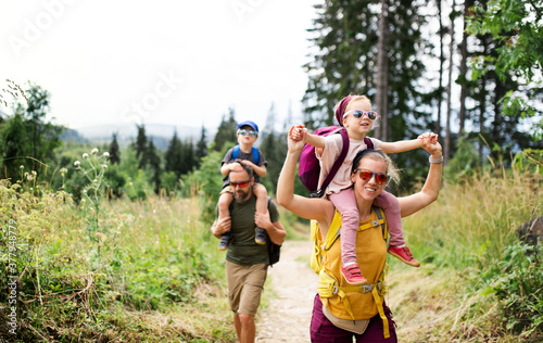 Family with small children hiking outdoors in summer nature.