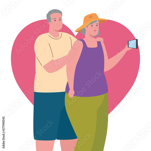 cute old couple taking a selfie with smartphone in heart background vector illustration design