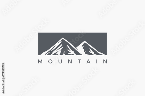 Abstract Mountain Logo with Snow Waves. Grey Square Shape with Negative Space Mount Silhouette isolated on White Background. Flat Vector Logo Design Template Element.