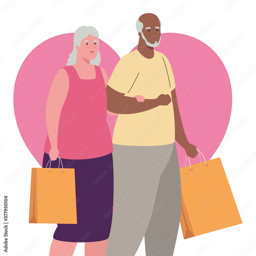 cute old couple with bags shopping, with heart on background vector illustration design
