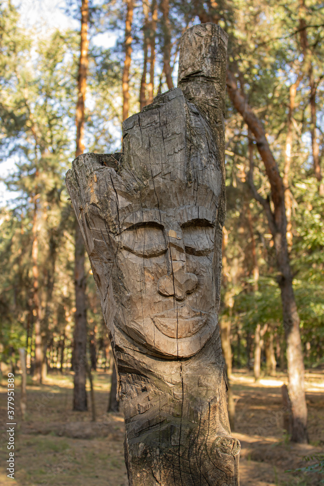 Wooden idol statue in the forest