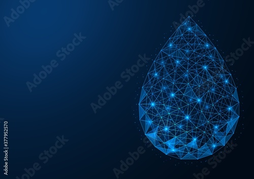 A falling drop of water. Low-poly construction of concatenated lines and dots. Blue background.