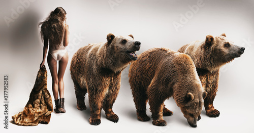 Εκτύπωση καμβά woman with fur coat and three bears