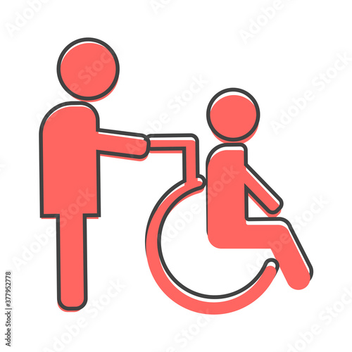 Vector image of disabled person. Disabled with nurse. Wheelchair icon cartoon style on white isolated background.