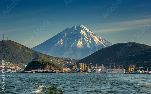 View of the city Petropavlovsk-Kamchatsky, Avacha Bay and Koryaksky volcano, Russian Far East, Kamchatka Peninsula photo