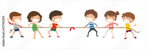 New normal, Kids playing tug of war, Children pull the rope, vector, illustration, Isolated on white background
