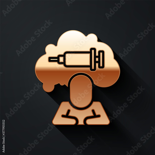 Gold Addiction to the drug icon isolated on black background. Heroin, narcotic, addiction, illegal. Sick junkie with a syringe and medical pills. Long shadow style. Vector.