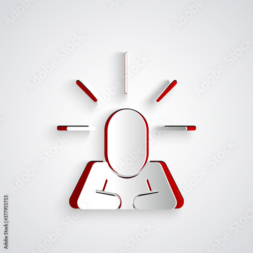 Paper cut Depression and frustration icon isolated on grey background. Man in depressive state of mind. Mental health problems. Paper art style. Vector.