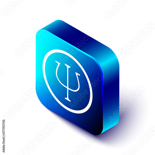 Isometric Psychology icon isolated on white background. Psi symbol. Mental health concept, psychoanalysis analysis and psychotherapy. Blue square button. Vector.