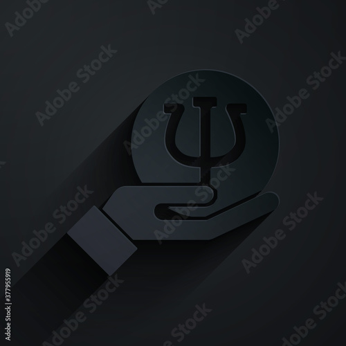 Paper cut Psychology icon isolated on black background. Psi symbol. Mental health concept, psychoanalysis analysis and psychotherapy. Paper art style. Vector.