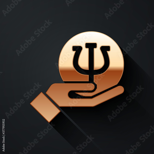 Gold Psychology icon isolated on black background. Psi symbol. Mental health concept, psychoanalysis analysis and psychotherapy. Long shadow style. Vector.