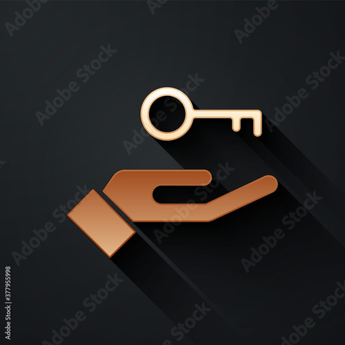 Gold Solution to the problem in psychology icon isolated on black background. Key. Therapy for mental health. Long shadow style. Vector.