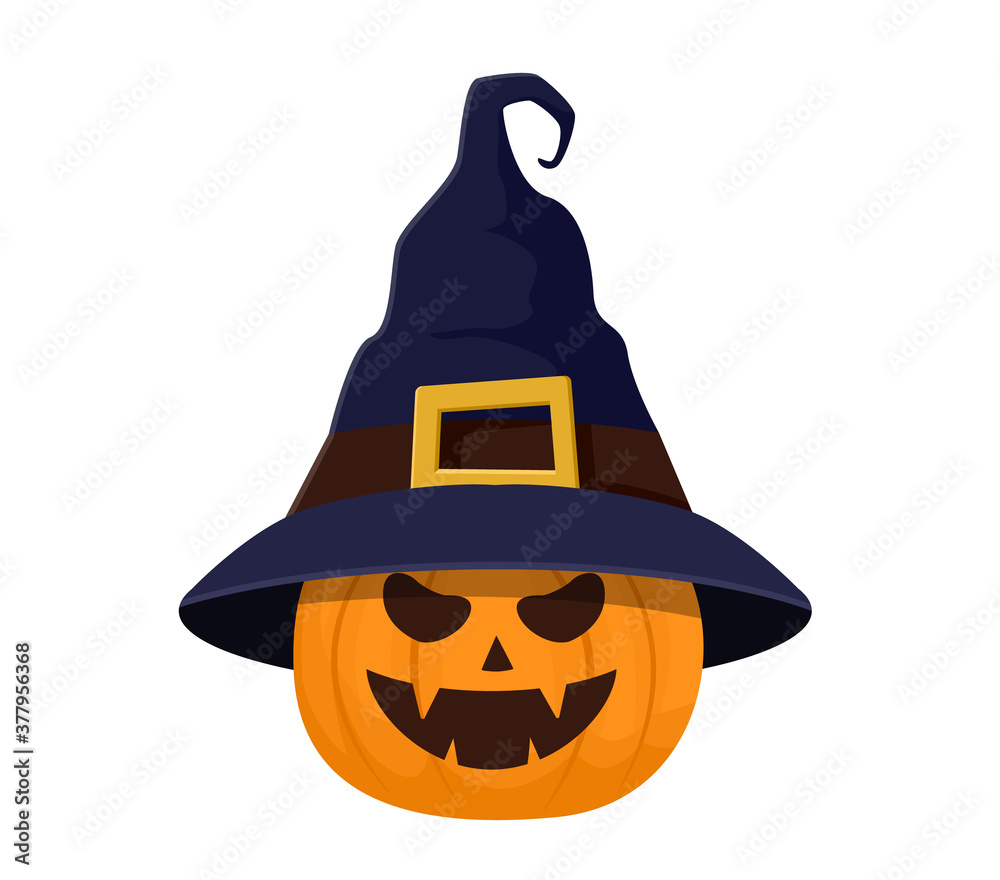 Halloween pumpkin in witch's hat isolated on white background. Vector illustration isolated on white background. Halloween pumpkin in witch's hat isolated on white background. Vector illustration isolated on white background.