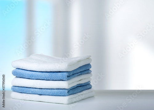 Stack of towels on table,household and laundry.