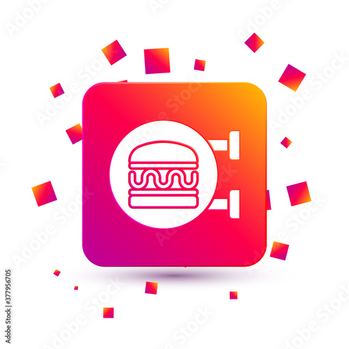 White Online ordering and burger delivery icon isolated on white background. Square color button. Vector.