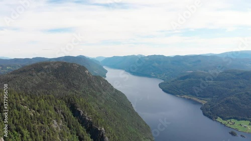 Aerial 4K: amazing Norway highland landscape, Bandak Lake in mountain valley photo