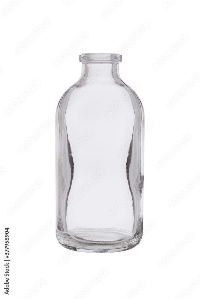 Empty glass medical medicine bottle without lid. Isolated on a white background