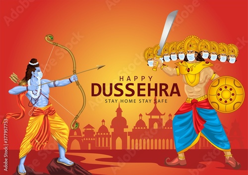 Happy Dussehra festival of India. of Lord Rama killing Ravana. vector illustration. covid corona virus concept