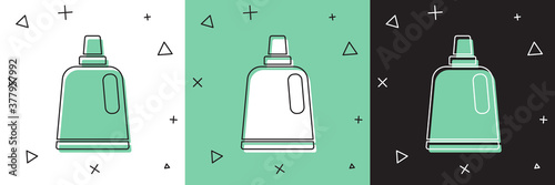 Set Plastic bottle for laundry detergent, bleach, dishwashing liquid or another cleaning agent icon isolated on white and green, black background. Vector.