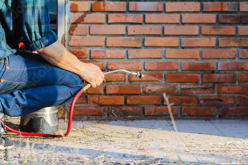 Employees at a termite control company are using a chemical sprayer to get rid of termites at customers' homes and search for termite nests to eradicate them. Chemical spray ideas to prevent insects. photo