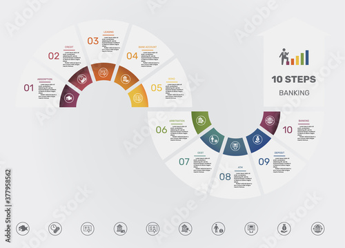 Infographic Banking template. Icons in different colors. Include Absorption, Credit, Leasing, Bank Account and others.