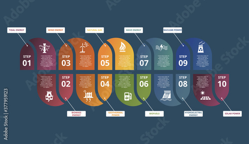 Infographic Alternative Energy template. Icons in different colors. Include Tidal Energy, Biomass Energy, Wind Energy, Geothermal Power and others.