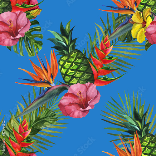 Watercolor seamless floral and fruts pattern hand drawing decorative background. Hand drawn watercolor illustration.