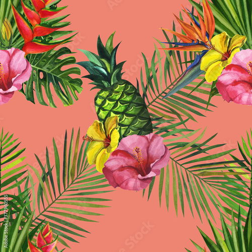 Watercolor seamless floral and fruts pattern hand drawing decorative background. Hand drawn watercolor illustration.