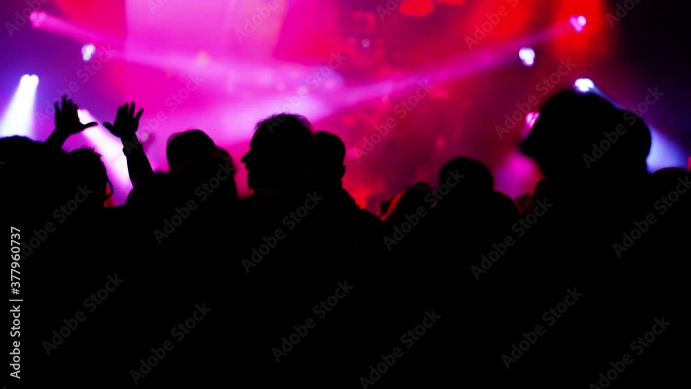 silhouettes of young people at a party illuminated by colorful lights from the scene silhouettes of young people at a party illuminated by colorful lights from the scene