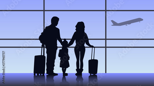 Family standing in airport with suitcases silhouette vector illustration