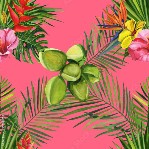 Watercolor seamless floral and fruts pattern hand drawing decorative background. Hand drawn watercolor illustration.