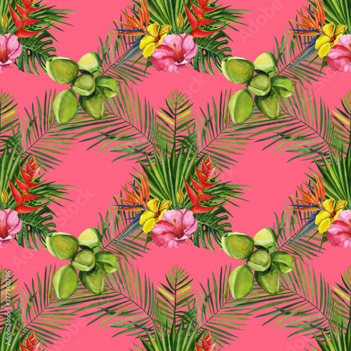 Watercolor seamless floral and fruts pattern hand drawing decorative background. Hand drawn watercolor illustration.