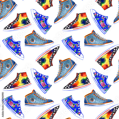 Watercolor multicolored sneakers pattern on white background