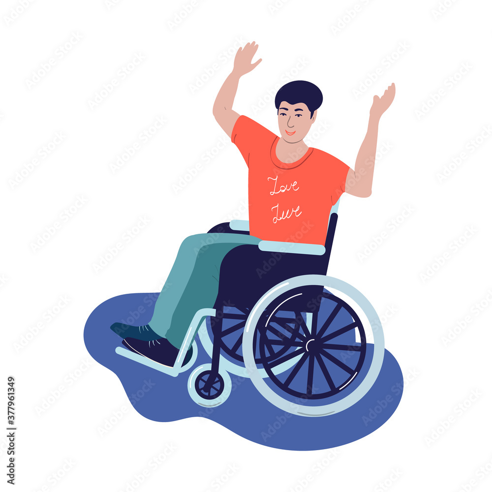 .Disabled person in a wheelchair. Young disabled guy puts his hands up .Disabled person in a wheelchair. Young disabled guy puts his hands up