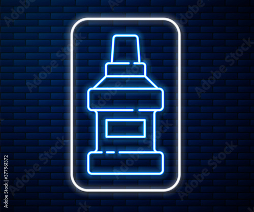 Glowing neon line Mouthwash plastic bottle icon isolated on brick wall background. Liquid for rinsing mouth. Oralcare equipment. Vector.
