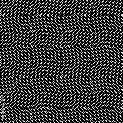 Overcrossing jagged lines wallpaper. Repeated white curves on black background. Seamless surface pattern design with overlapping zigzag stripes. Grid motif. Digital paper for page fills, web designing