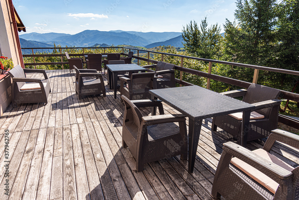 Cafe terrace. Terrace with tables and chairs with beautiful mountain views.
