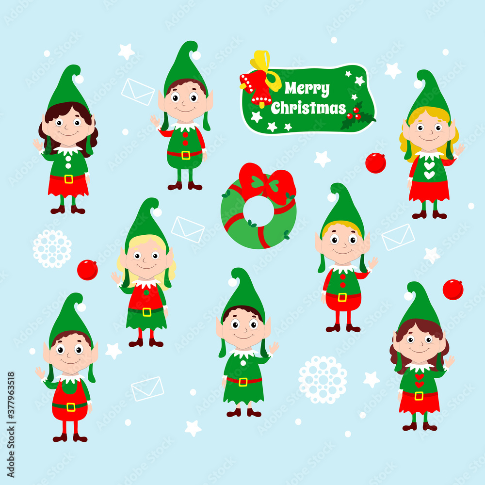 Set of Christmas happy elves. Santa claus helpers wave their hands and smile. Festive vector illustration of winter cartoon characters. Design for greeting cards, web and marketing.